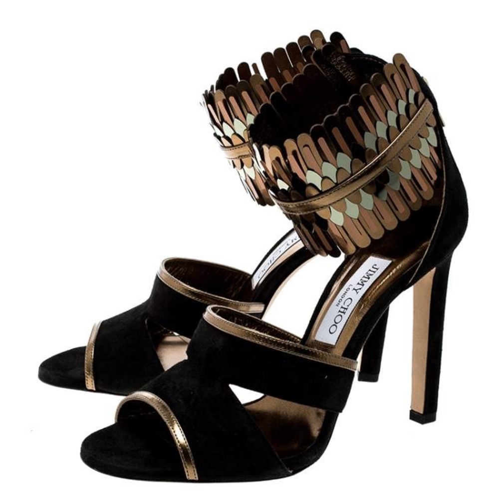 JIMMY CHOO Black Suede and Metallic Mirrored Leather Ankle Cuff Peep Toe Sandals